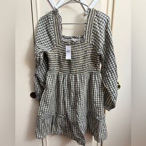 AE Plaid Ruched Long-Sleeve Mini Dress American Eagle Summer Dress Blue